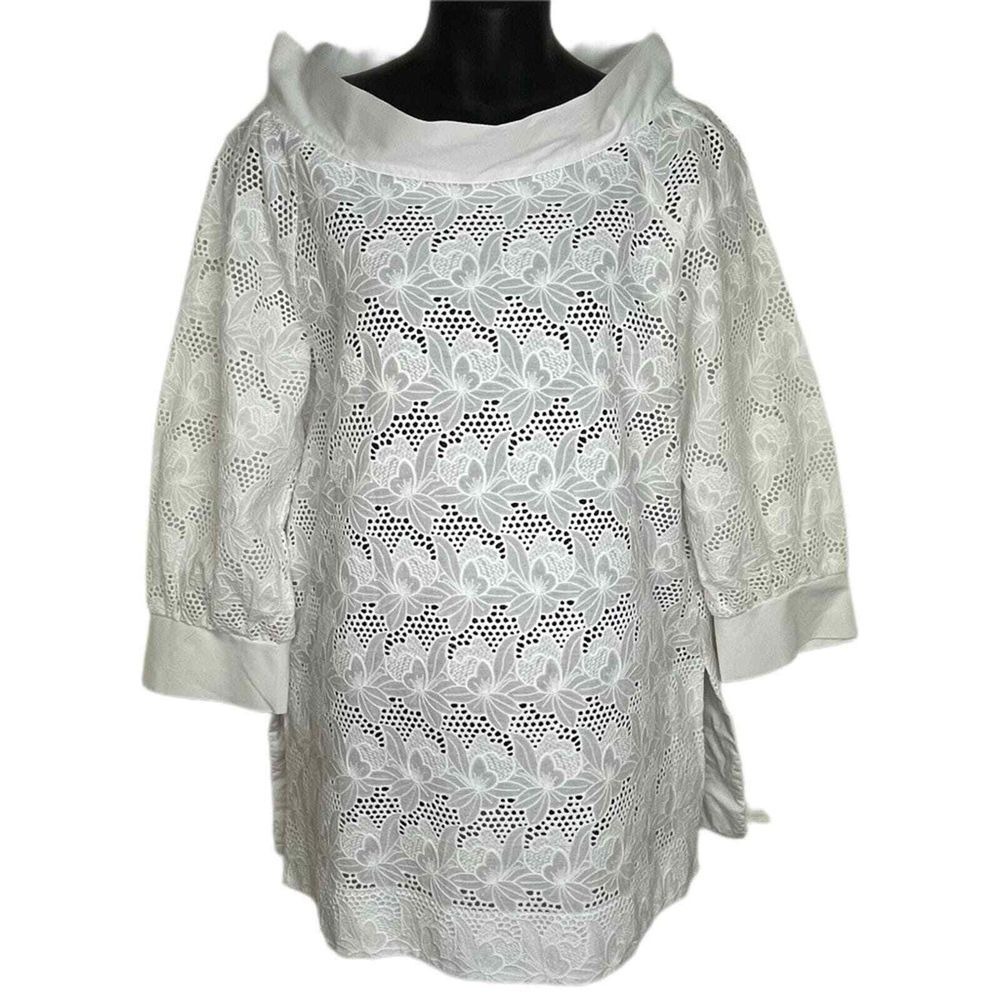 Nara Camicie White Floral Eyelet Lace Tunic Top Italy Boat Neck Size II US 6